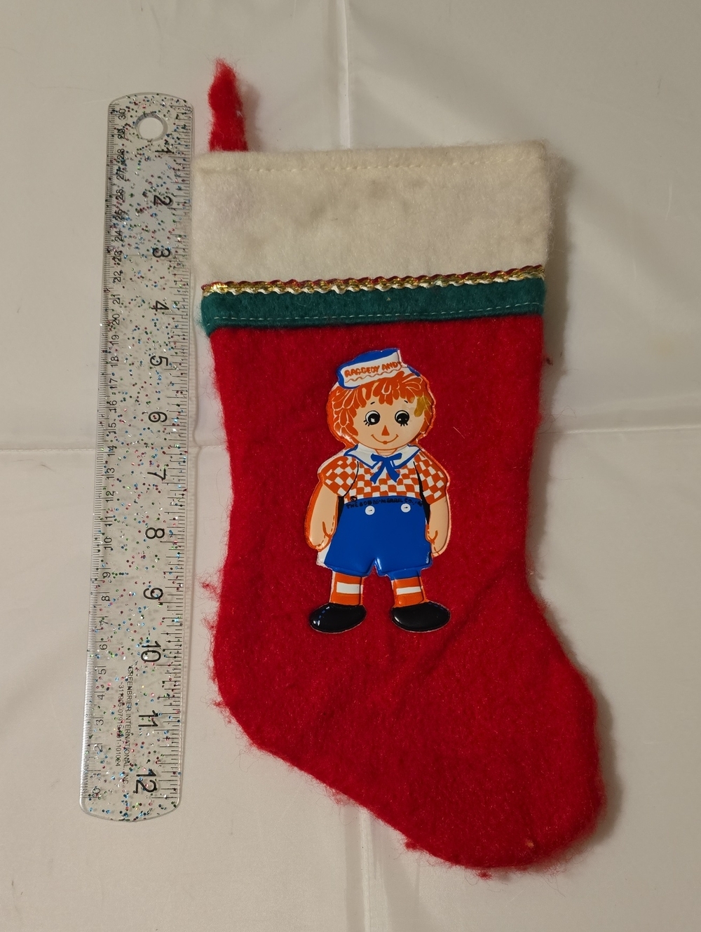 Vintage Raggedy Andy Christmas Stocking Felt 12" Red Green Holiday Decor